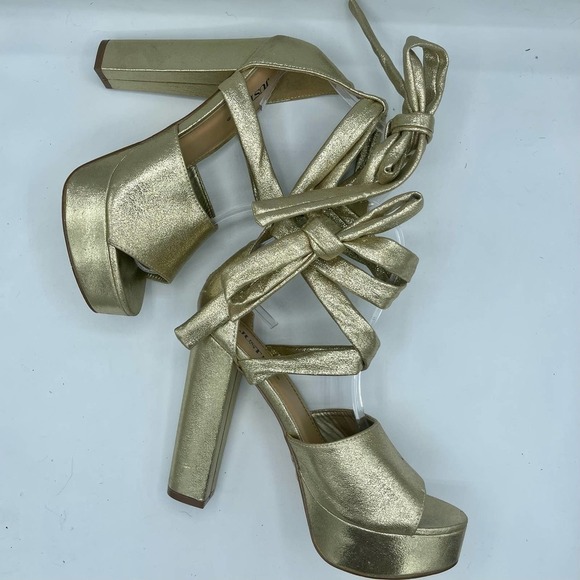 Gold Faux Leather Ankle Tie Sandal Heels Size 7 - Picture 11 of 16